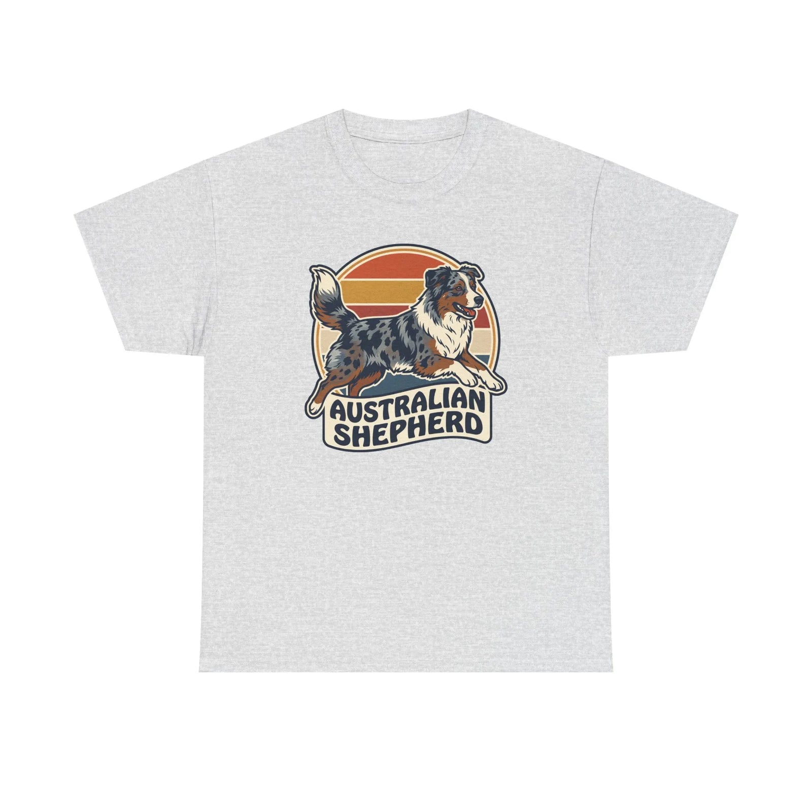 Australian Shepherd Retro 70s Sunset T-Shirt - Heavy Cotton Classic Fit Tee - Unisex White