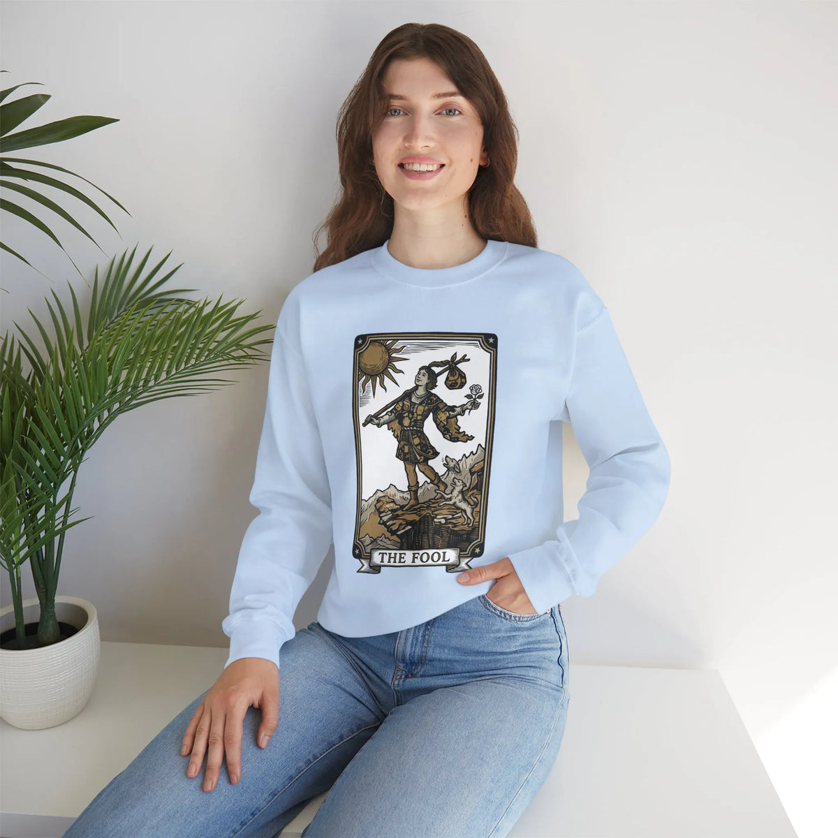The Fool Tarot Card Graphic Sweatshirt - Heavy Blend Crewneck Fleece - Unisex White