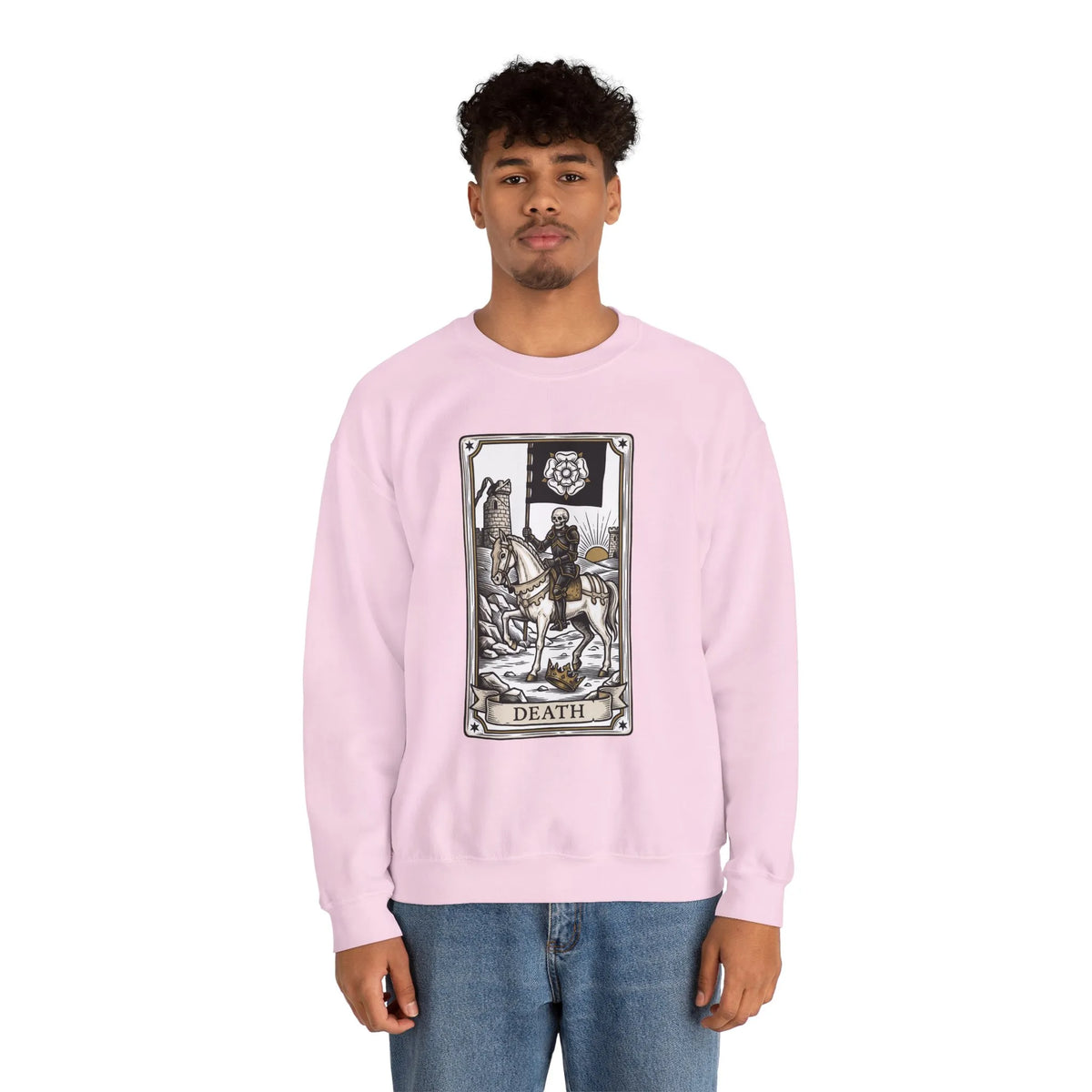 Tarot Death Card Graphic Sweatshirt - Heavy Blend Classic Fit Crewneck - Unisex White