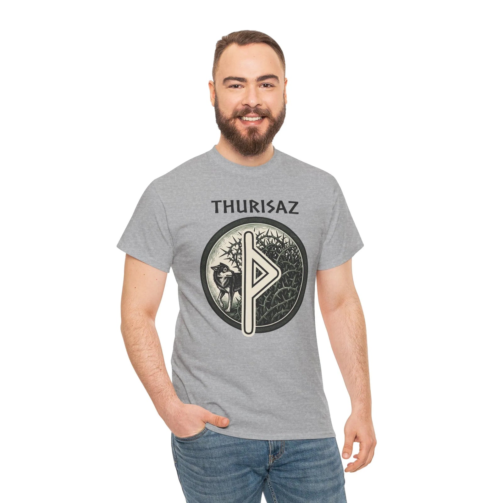Thurisaz Rune Wolf Thorn T-Shirt - Medium Weight 100% Cotton Tee - Unisex White