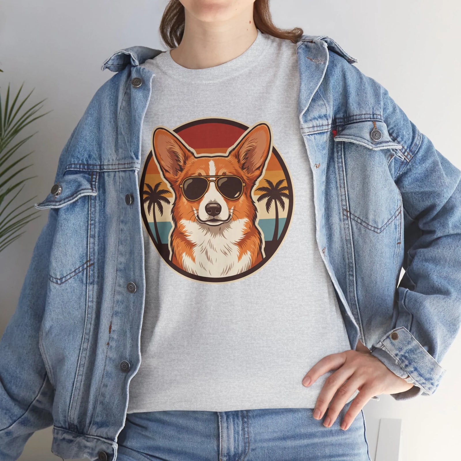 Cool Corgi Aviator Sunset T-Shirt - Heavy Cotton Classic Fit Tee - Unisex White