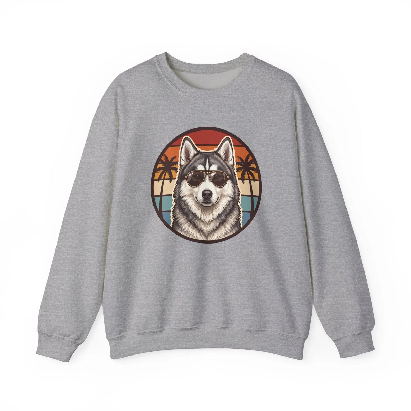Siberian Husky 70s Sunset Aviators Sweatshirt - Heavyweight Cotton Blend Crewneck - Unisex White