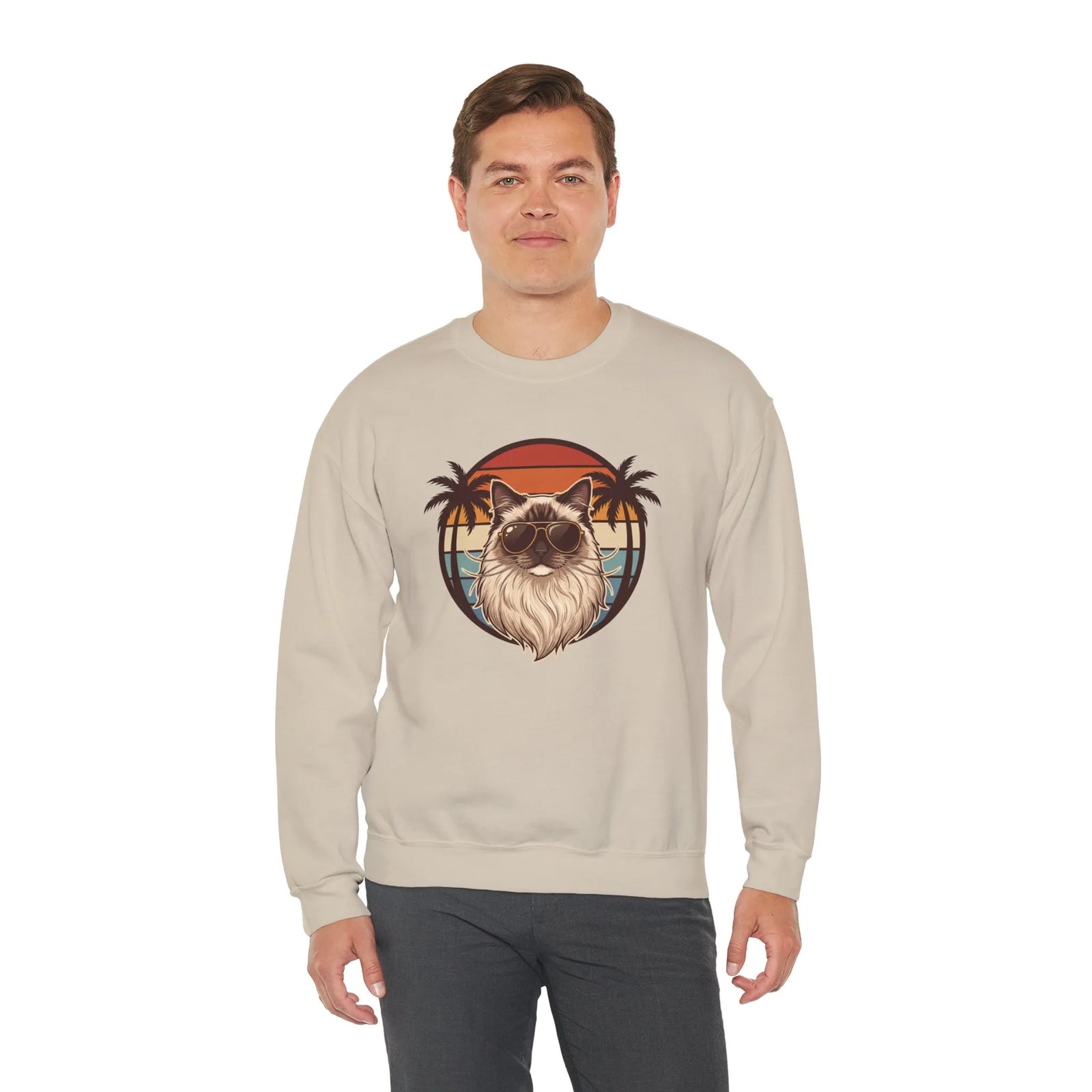 Ragdoll Cool Cat 70s Sunset Aviators Sweatshirt - Classic Fit Midweight Crewneck - Unisex White