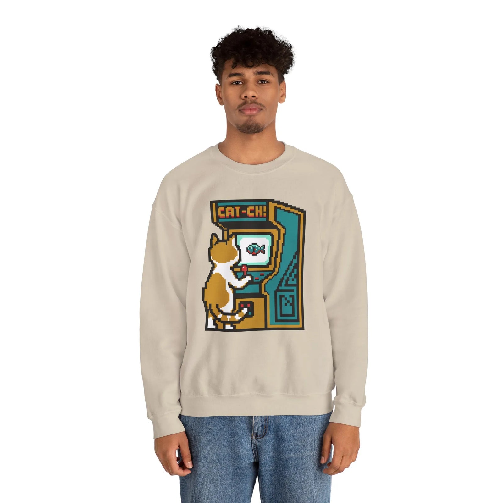 Arcade Night Pixel Gaming Cats Sweatshirt - Heavy Blend Fleece Crewneck - Unisex White