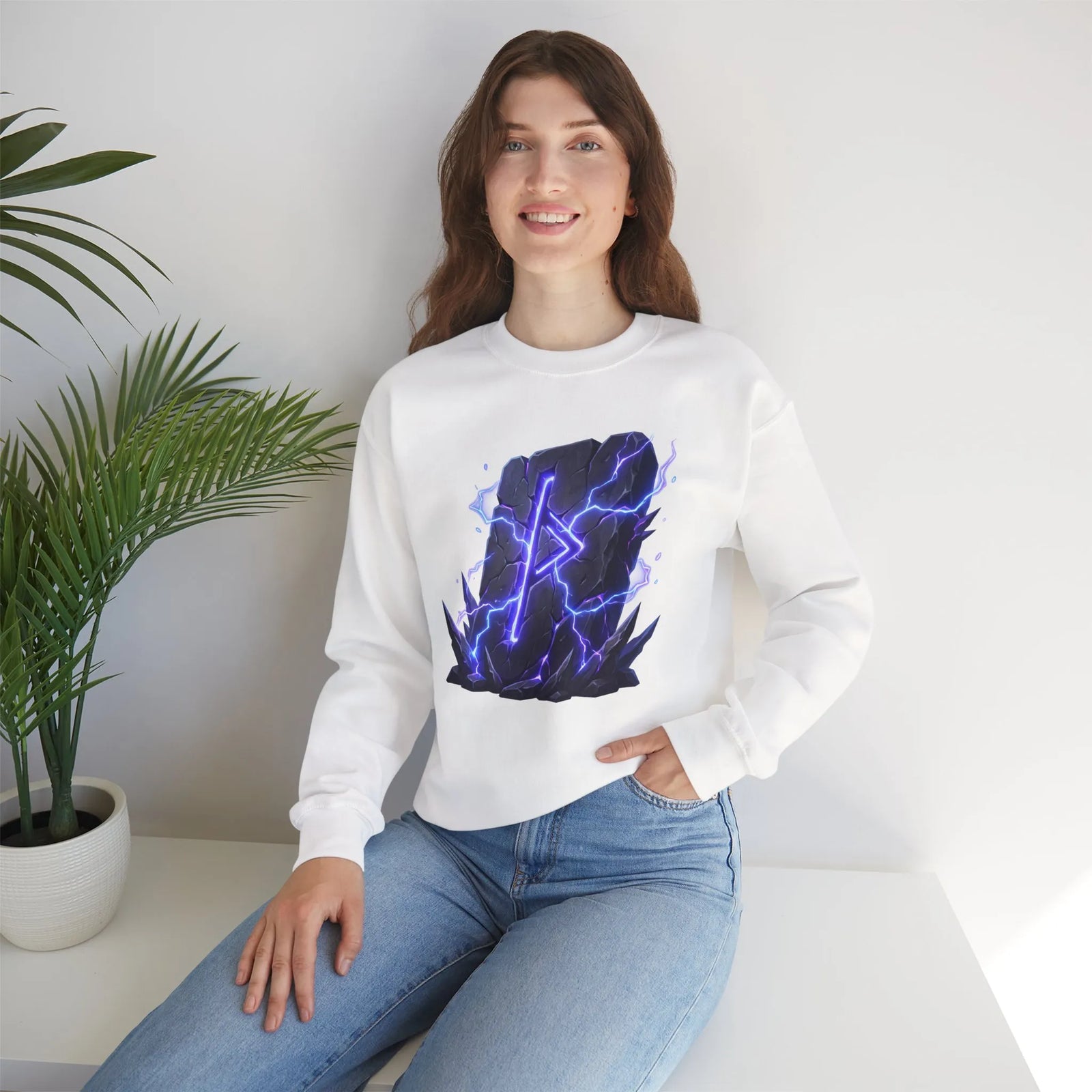 Thurisaz Thorn Rune Graphic Sweatshirt - Heavy Blend Crewneck Fleece - Unisex White