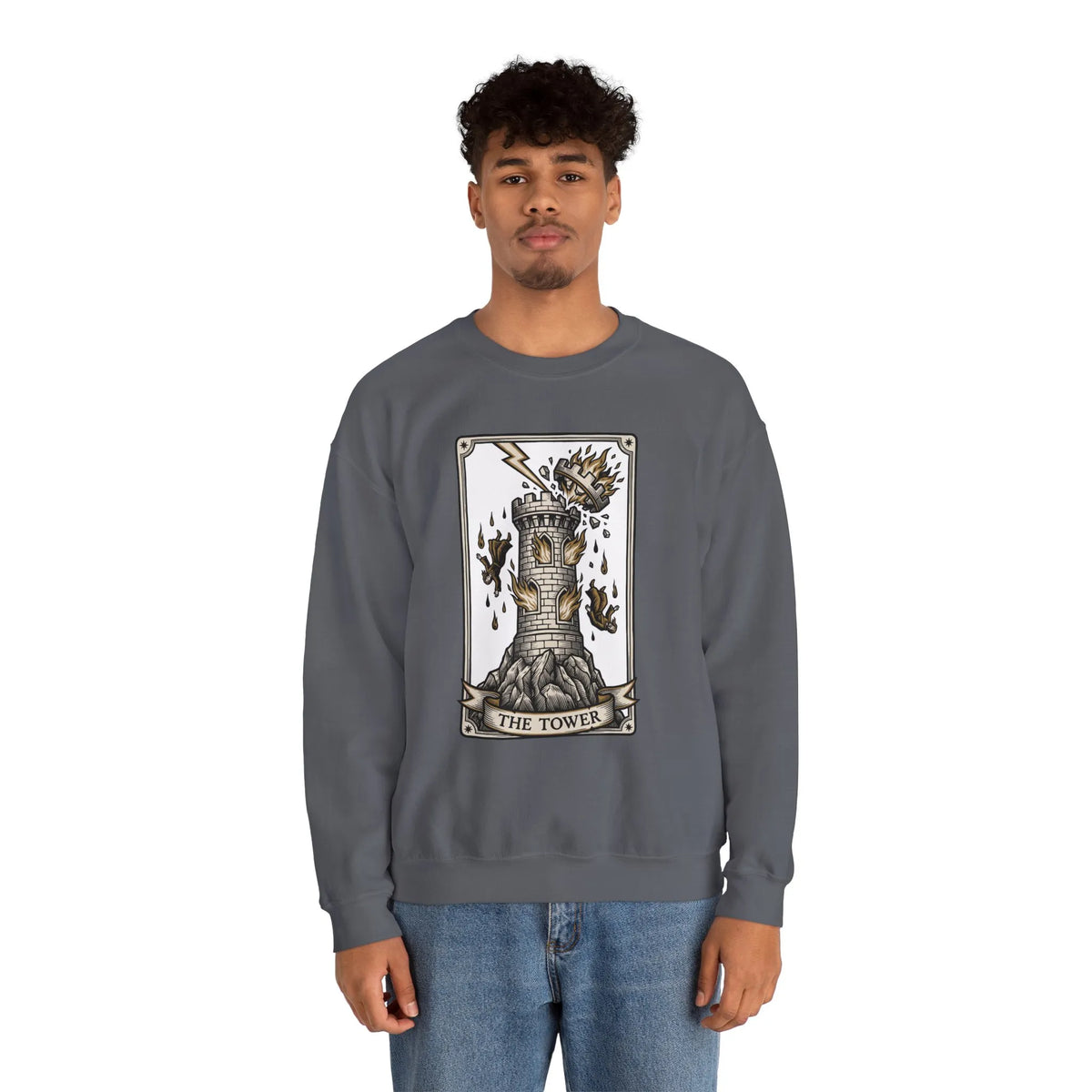 The Tower Tarot Card Sweatshirt - Heavy Blend Fleece Crewneck - Unisex White