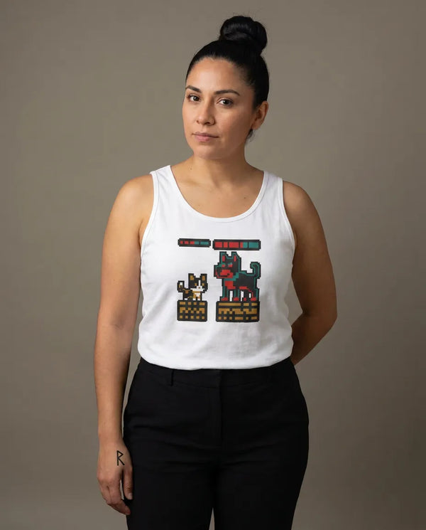 8-Bit Pixel Gaming Cats Boss Fight Tank Top - Retail Fit Light Cotton Jersey - Unisex White