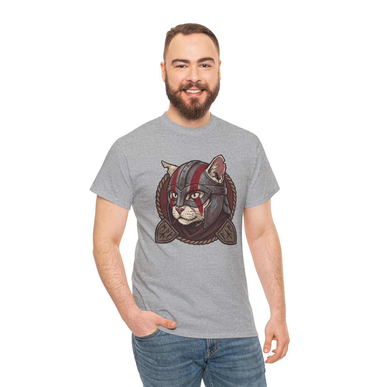 Viking Berserker Cat Graphic T-Shirt - Heavyweight Cotton Classic Fit Tee - Unisex White