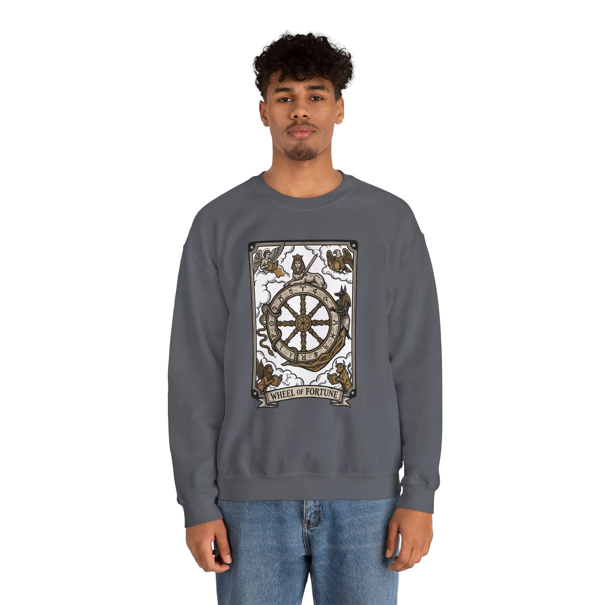 Wheel of Fortune Tarot Card Sweatshirt - Heavy Blend Crewneck Fleece - Unisex White