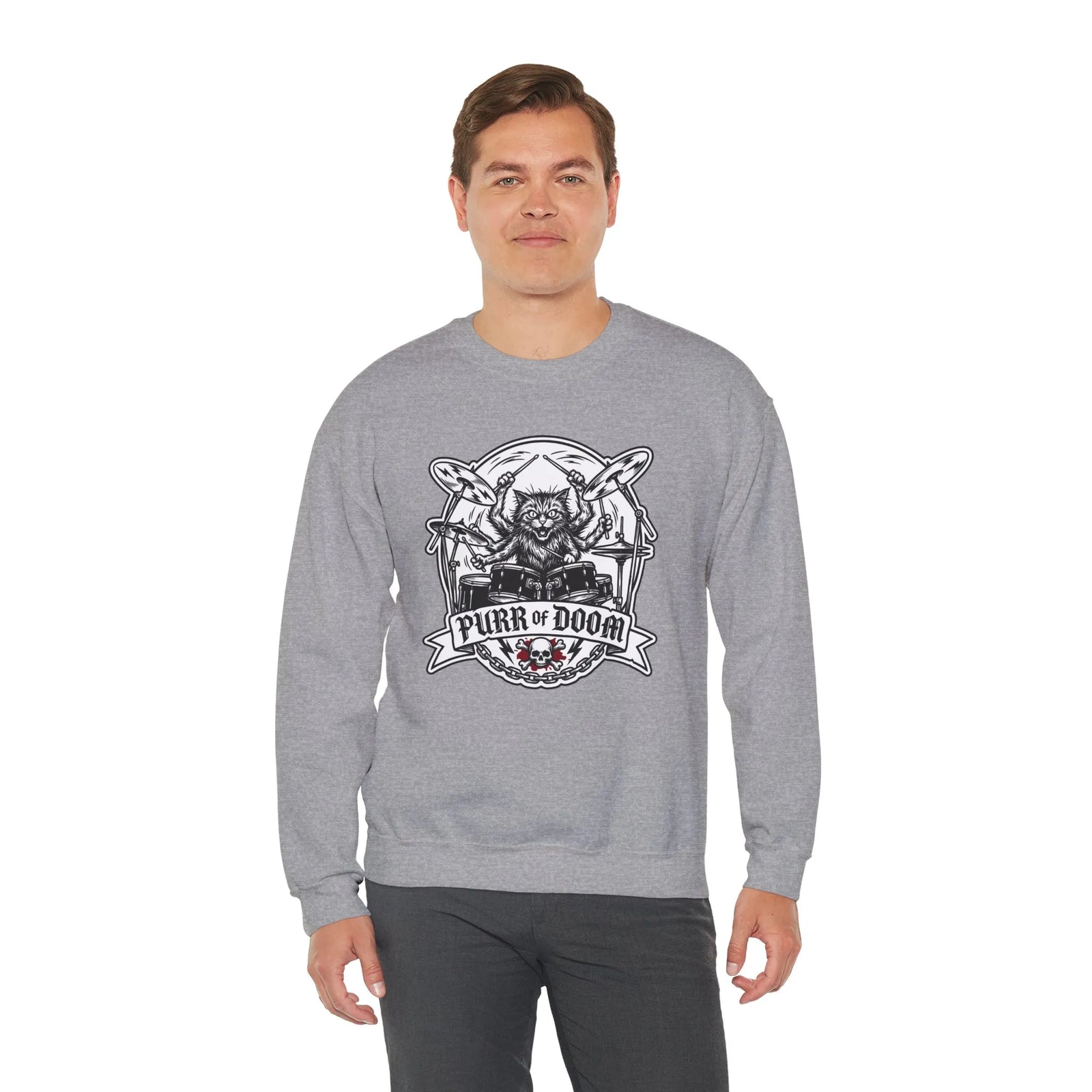 Heavy Metal Rocker Cats Drummer Sweatshirt - Heavy Blend Cotton Blend Crewneck - Unisex White