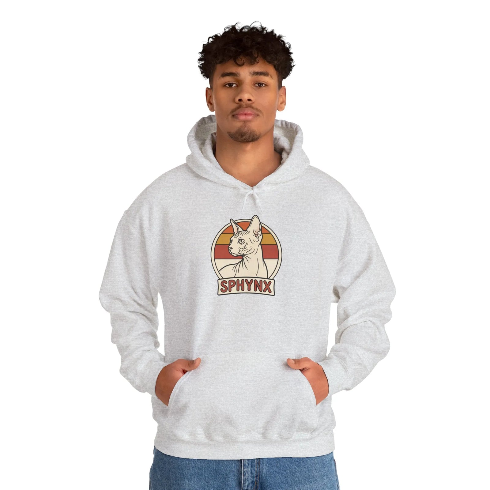 Sphynx Cat Retro Sunset Hoodie - Soft Blend Fleece Pullover - Unisex Ash
