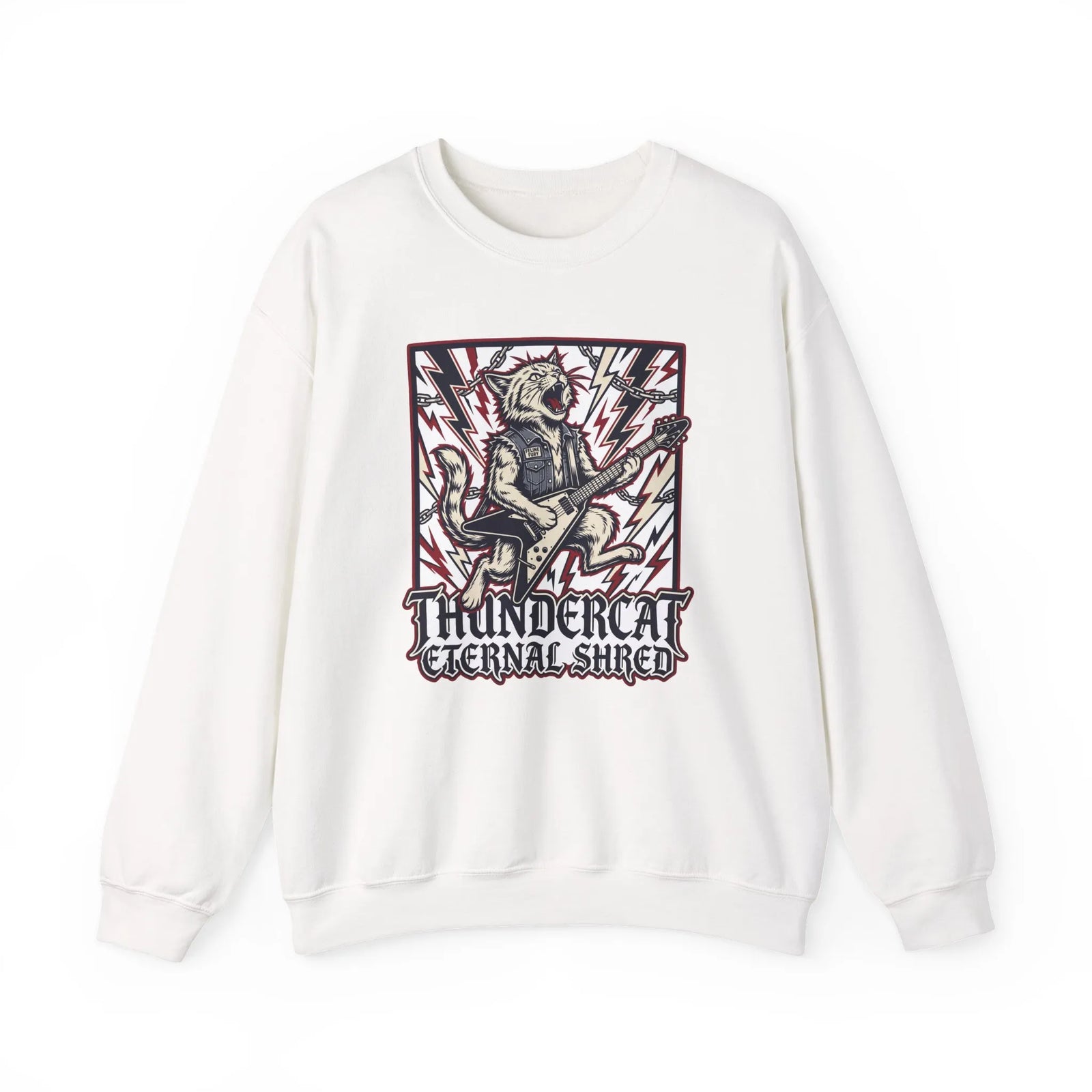 Heavy Metal Rocker Cat Sweatshirt - Heavy Blend Fleece Crewneck - Unisex White