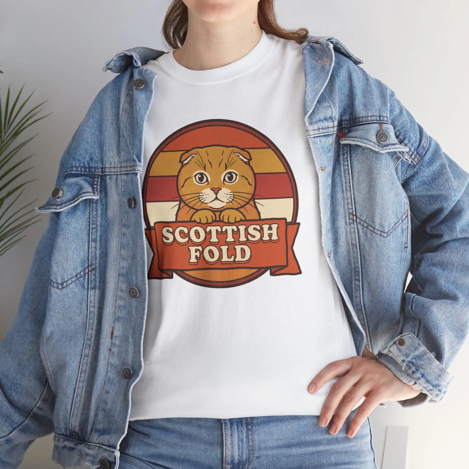 Scottish Fold Retro Sunset T-Shirt - Heavyweight Cotton Classic Fit - Unisex White