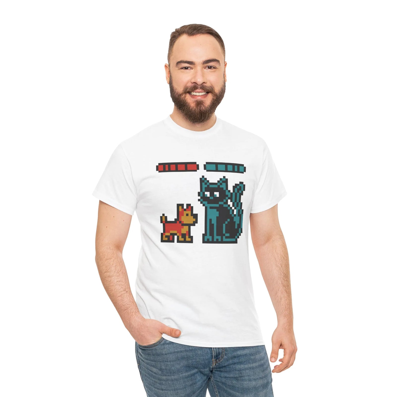 8-Bit Pixel Gaming Dogs Boss Fight T-Shirt - Heavyweight 100% Cotton Classic Fit - Unisex White