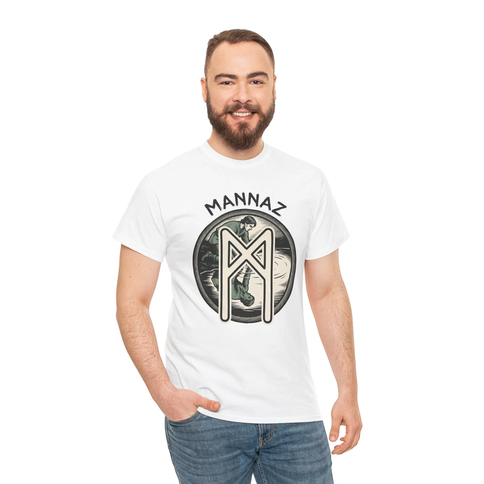 Mannaz Rune Reflection Graphic T-Shirt - Heavy Cotton Classic Fit Tee - Unisex White