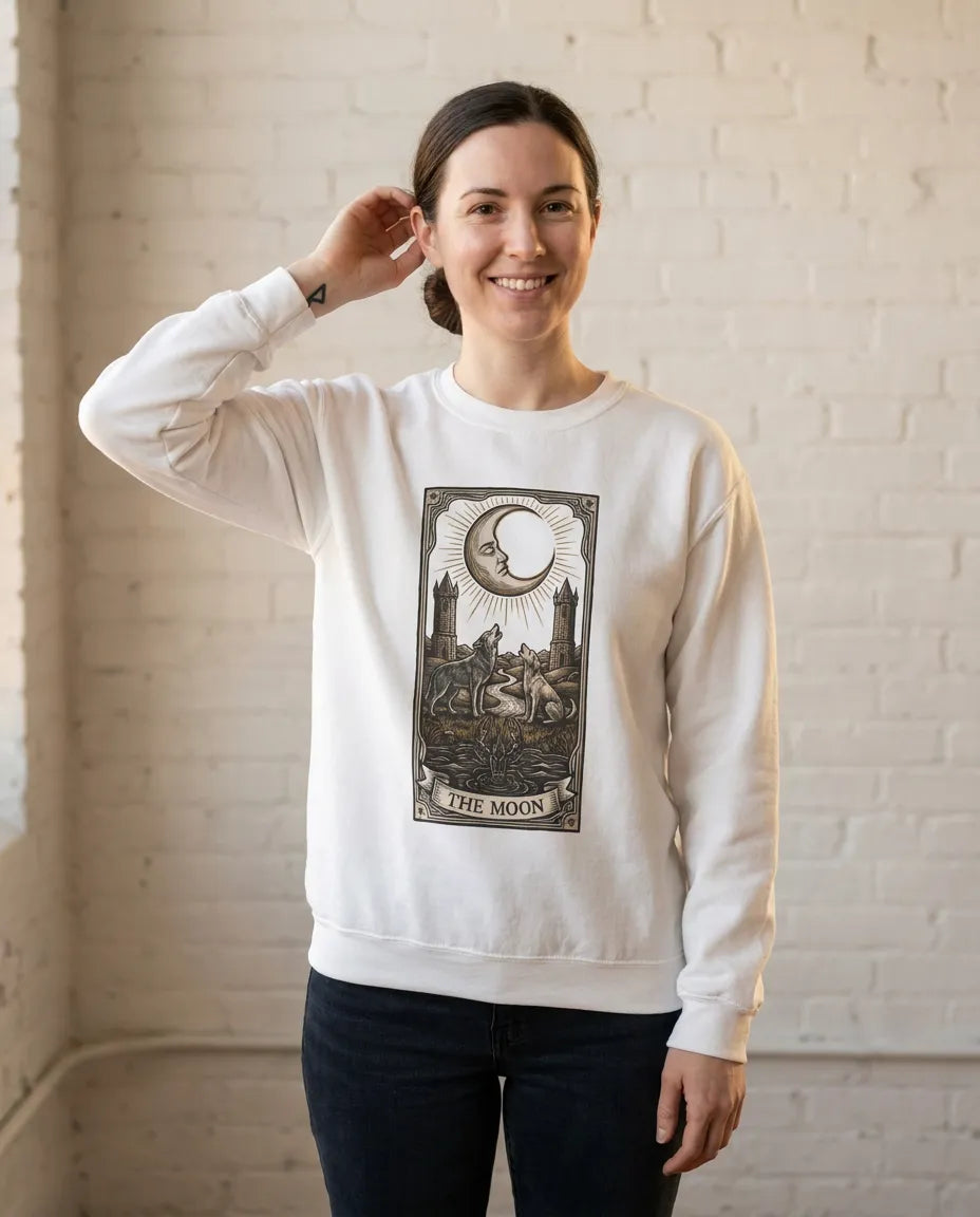Moon Tarot Card Wolves Graphic Sweatshirt - Heavy Blend Fleece Crewneck - Unisex White