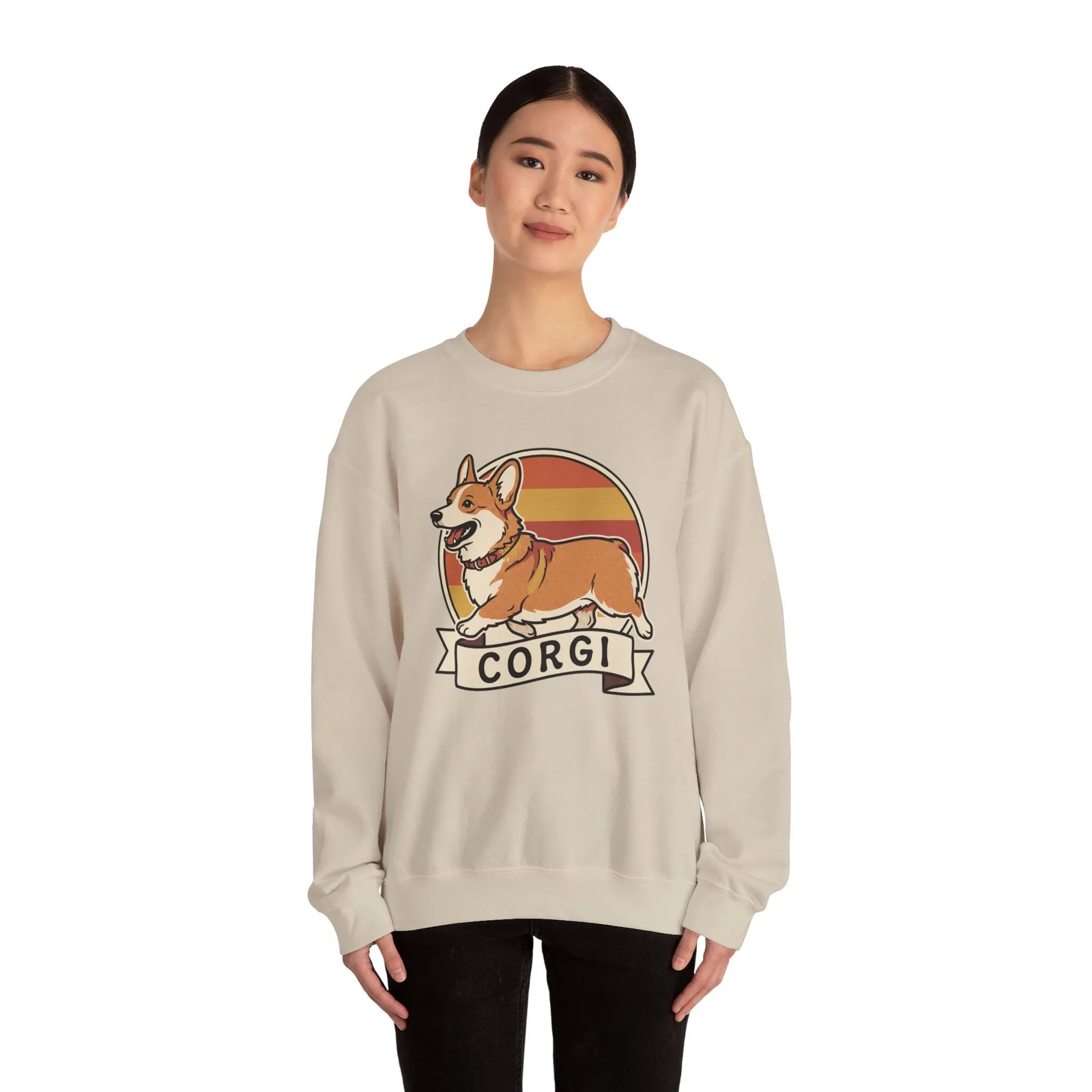 Retro 70s Sunset Corgi Sweatshirt - Classic Fit Cotton-Poly Crewneck - Unisex White