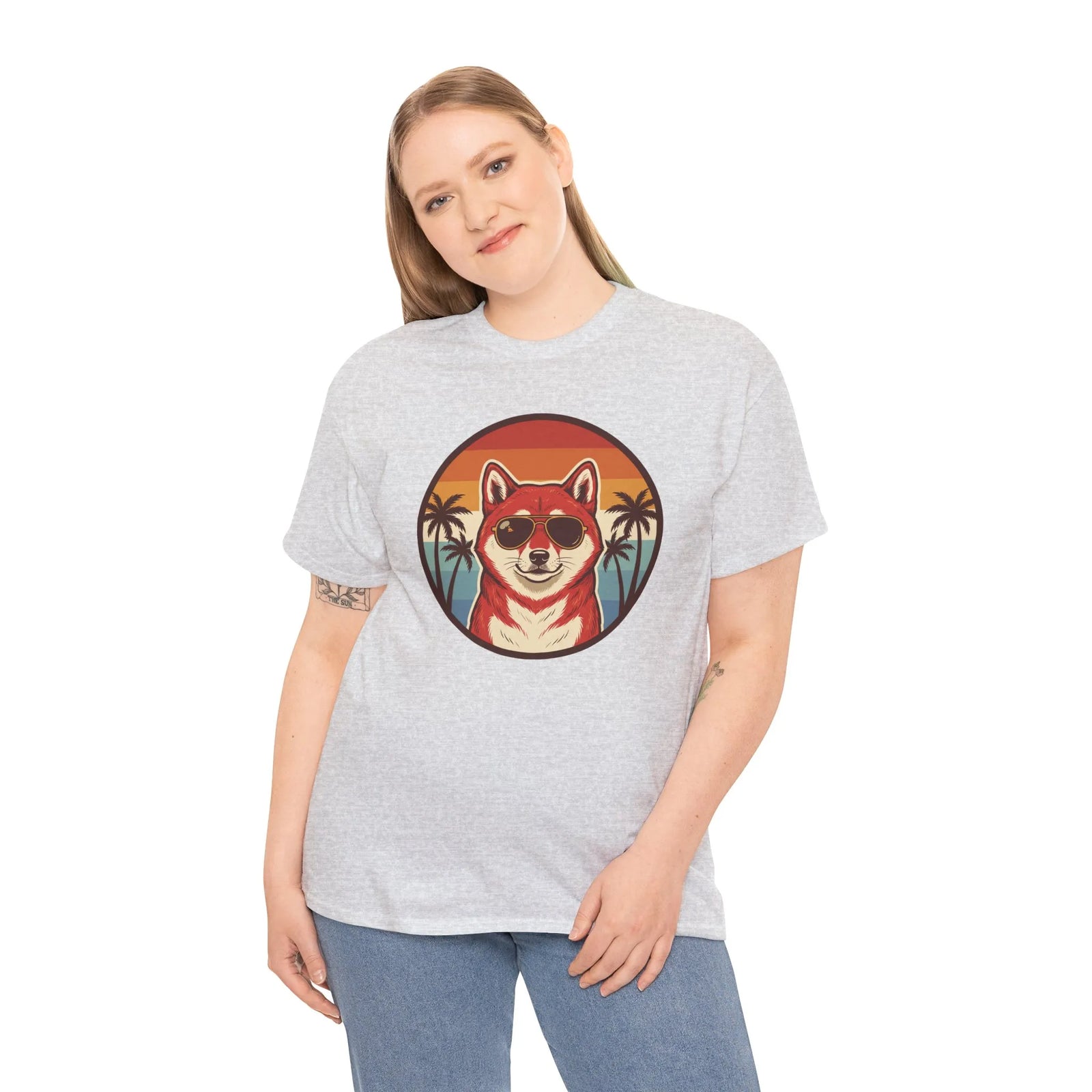Shiba Inu Aviator Sunset T-Shirt - Heavy Cotton Classic Fit Tee - Unisex White