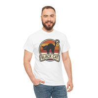 Black Cat Retro Sunset T-Shirt - Heavyweight 100% Cotton Classic Tee - Unisex White