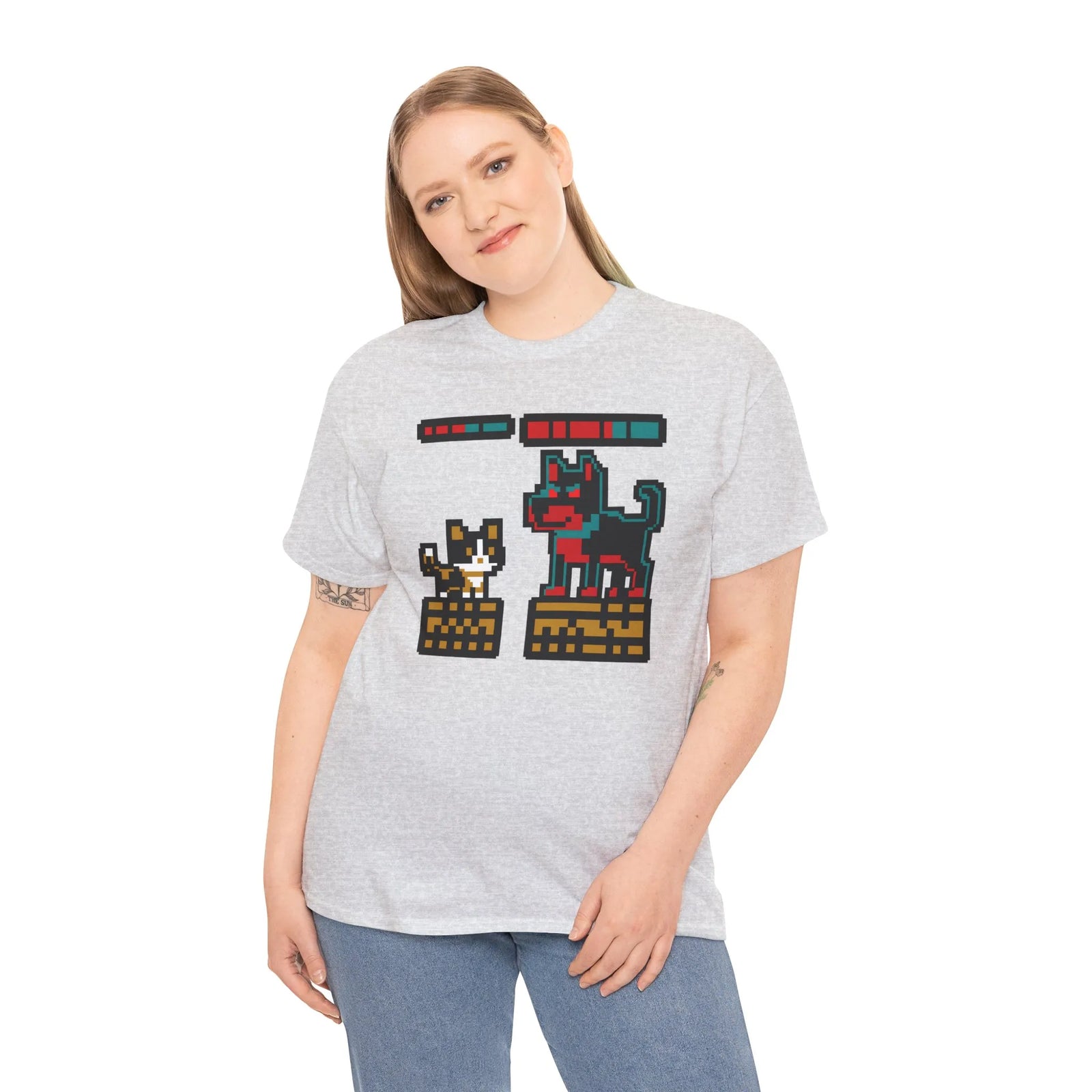 8-Bit Pixel Gaming Cats Boss Fight T-Shirt - Heavy Cotton Classic Fit Tee - Unisex White