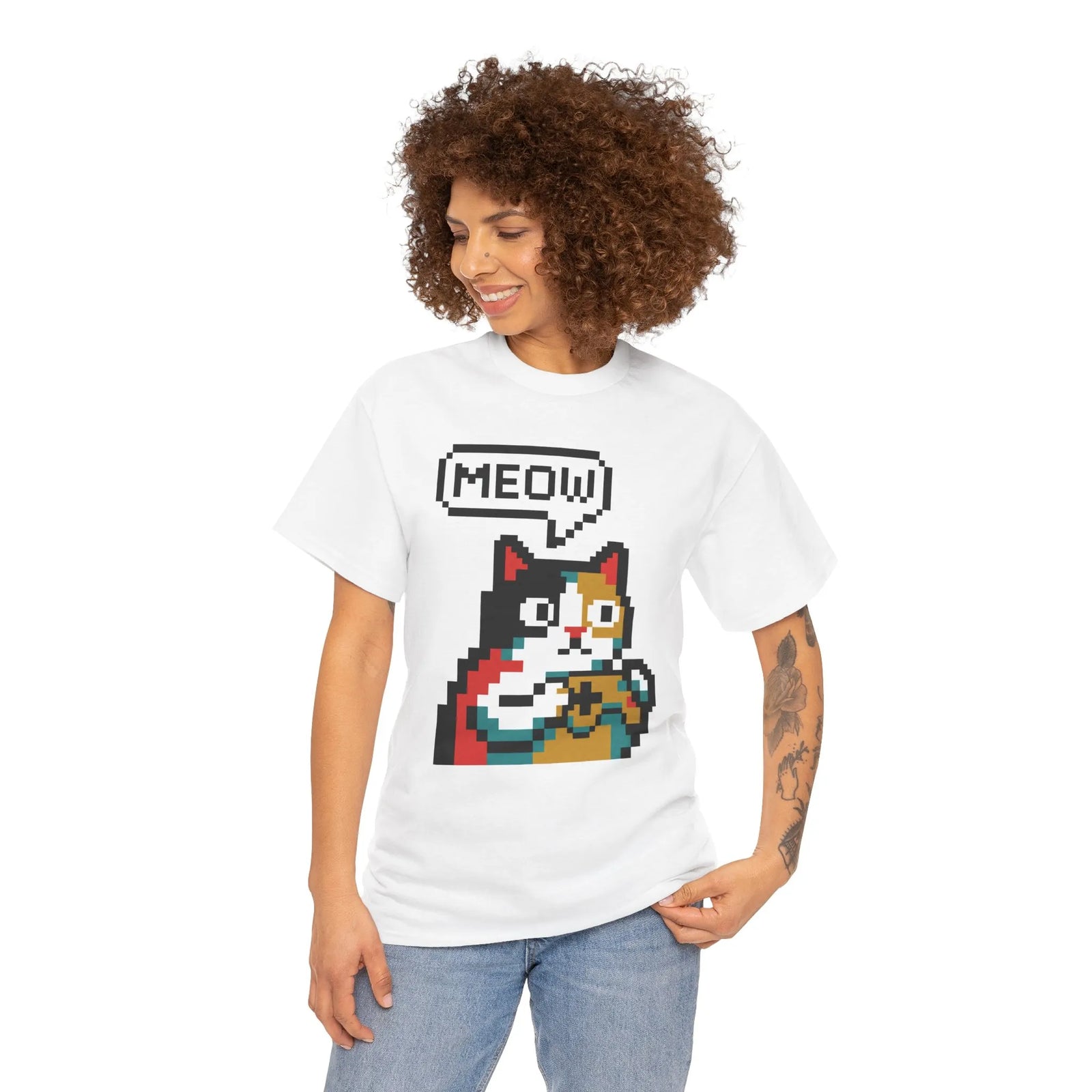 Player One 8-Bit Pixel Gaming Cats T-Shirt - Heavyweight 100% Cotton Tee - Unisex White