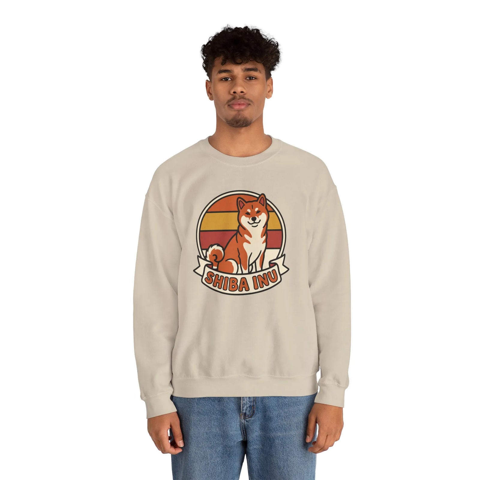 Shiba Inu Retro Sunset Graphic Sweatshirt - Heavy Blend Fleece Crewneck - Unisex White
