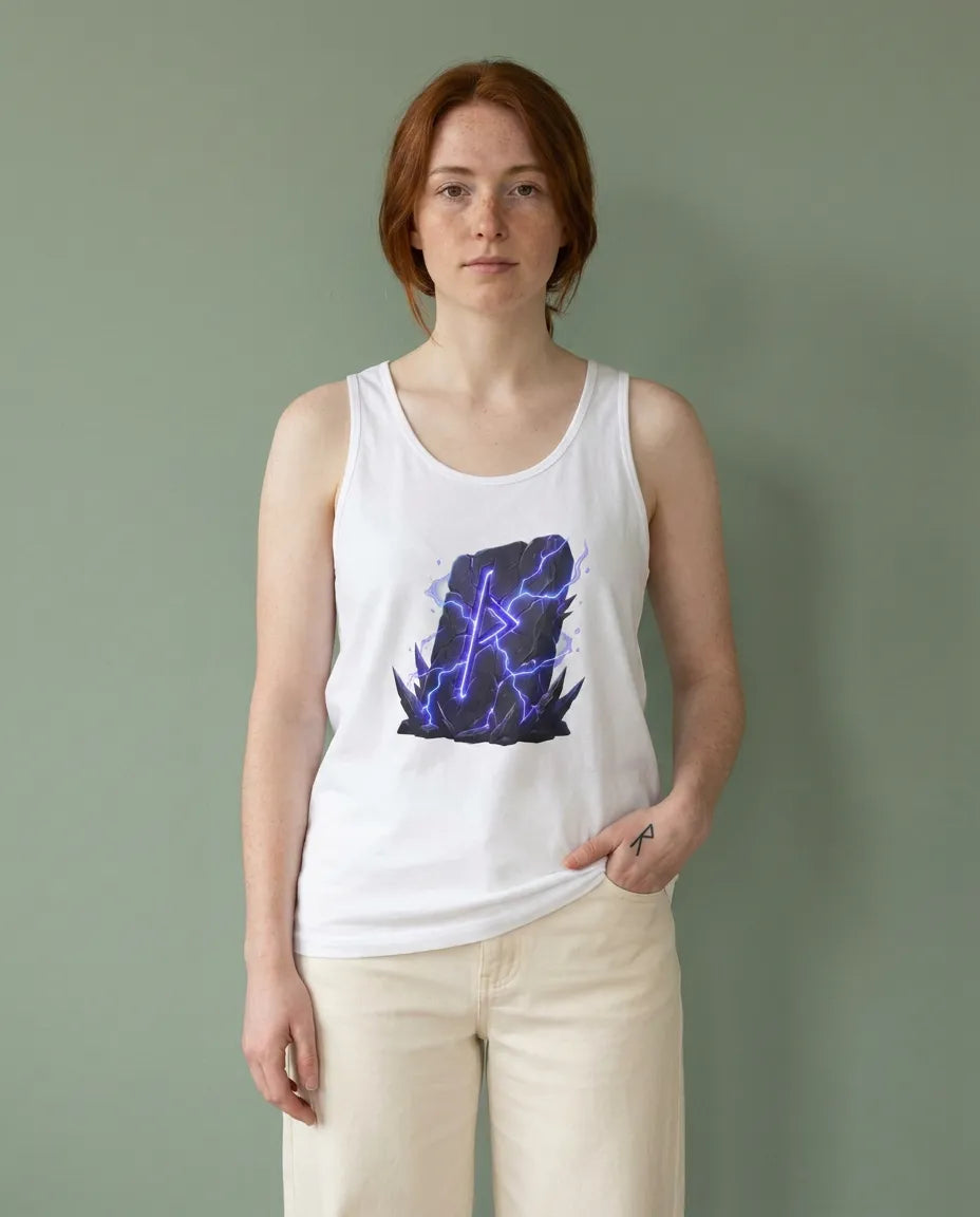 Thurisaz Rune Lightning Graphic Tank Top - Lightweight Ringspun Cotton Retail Fit - Unisex White