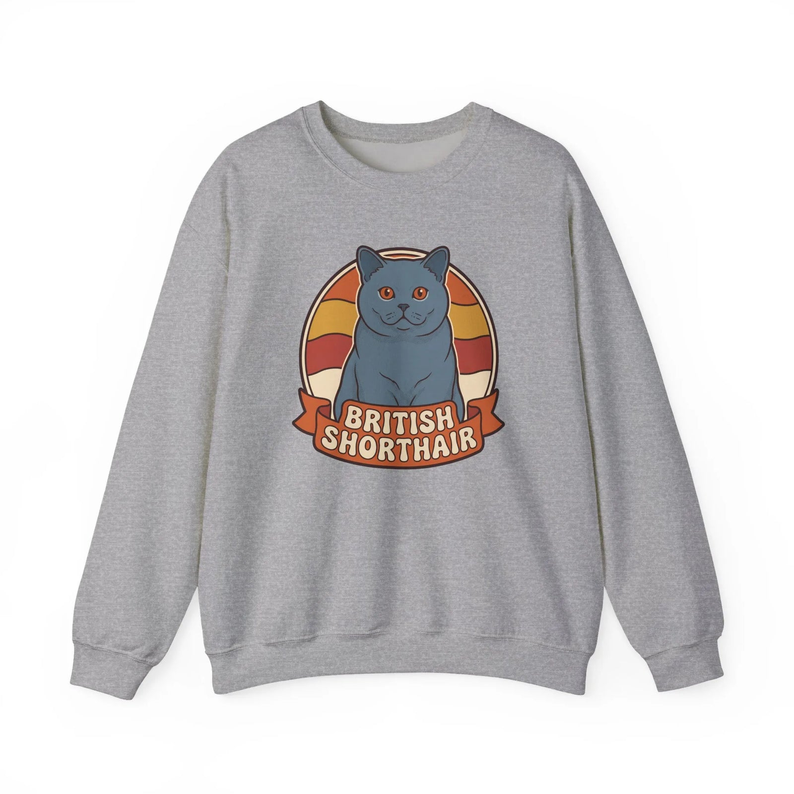 British Shorthair Retro Sunset Cat Sweatshirt - Heavy Blend Fleece Crewneck - Unisex White