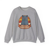 British Shorthair Retro Sunset Cat Sweatshirt - Heavy Blend Fleece Crewneck - Unisex White