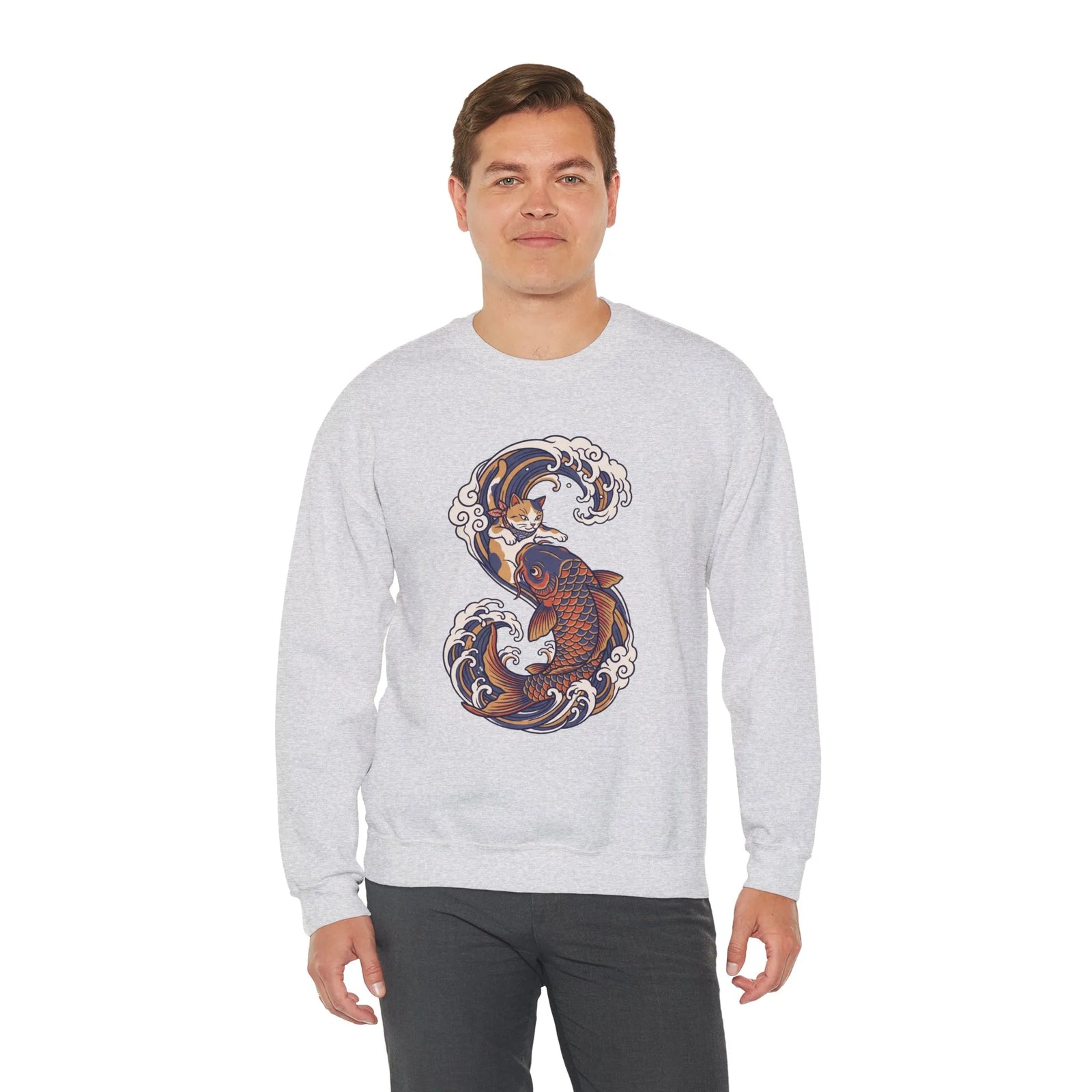 Koi Rider Ukiyo-e Samurai Cats Sweatshirt - Heavy Blend Fleece Crewneck - Unisex Ash