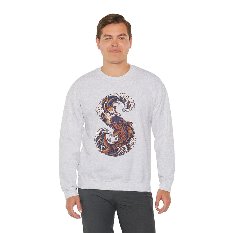 Koi Rider Ukiyo-e Samurai Cats Sweatshirt - Heavy Blend Fleece Crewneck - Unisex Ash
