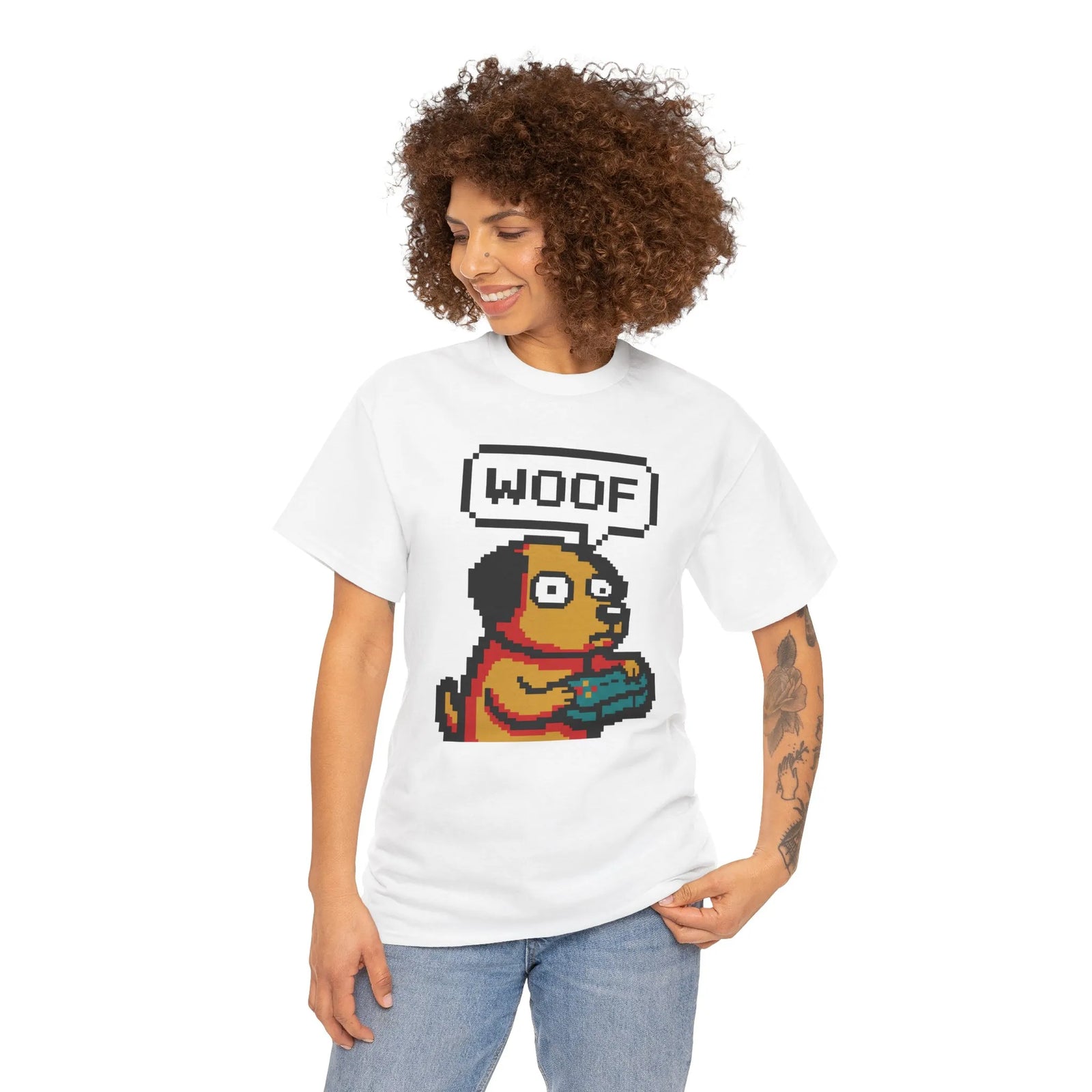 8-Bit Pixel Gaming Dog T-Shirt - Heavy Cotton Classic Fit Tee - Unisex White
