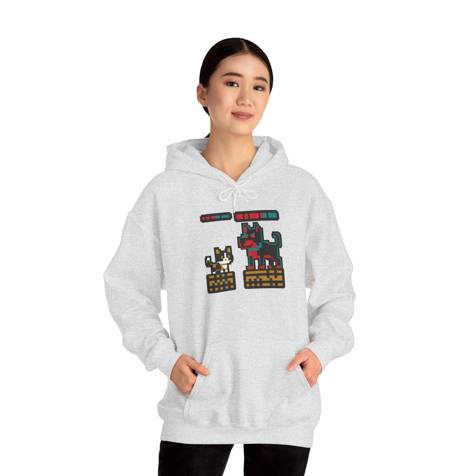 Boss Fight 8-Bit Pixel Gaming Cats Hoodie - Heavy Blend Fleece Pullover - Unisex White
