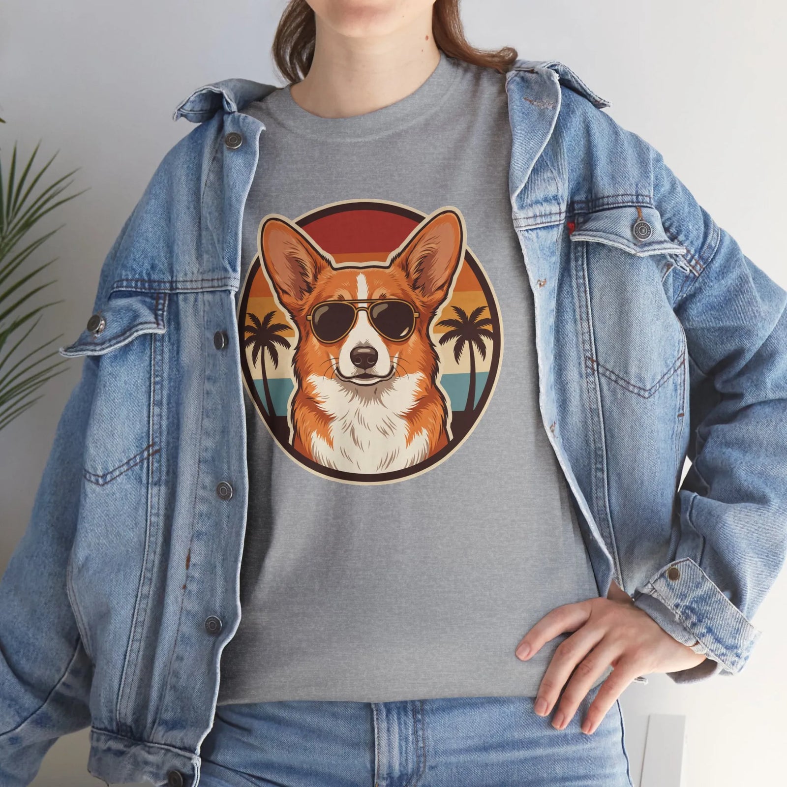 Cool Corgi Aviator Sunset T-Shirt - Heavy Cotton Classic Fit Tee - Unisex White