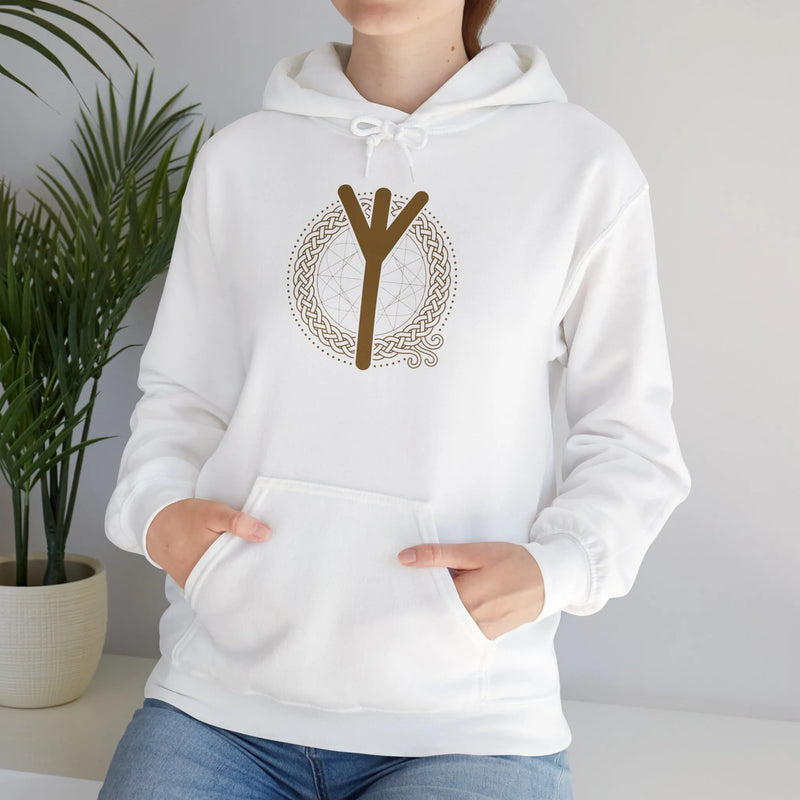 Elhaz Protection Rune Hoodie - Heavy Cotton Blend Fleece Pullover - Unisex White