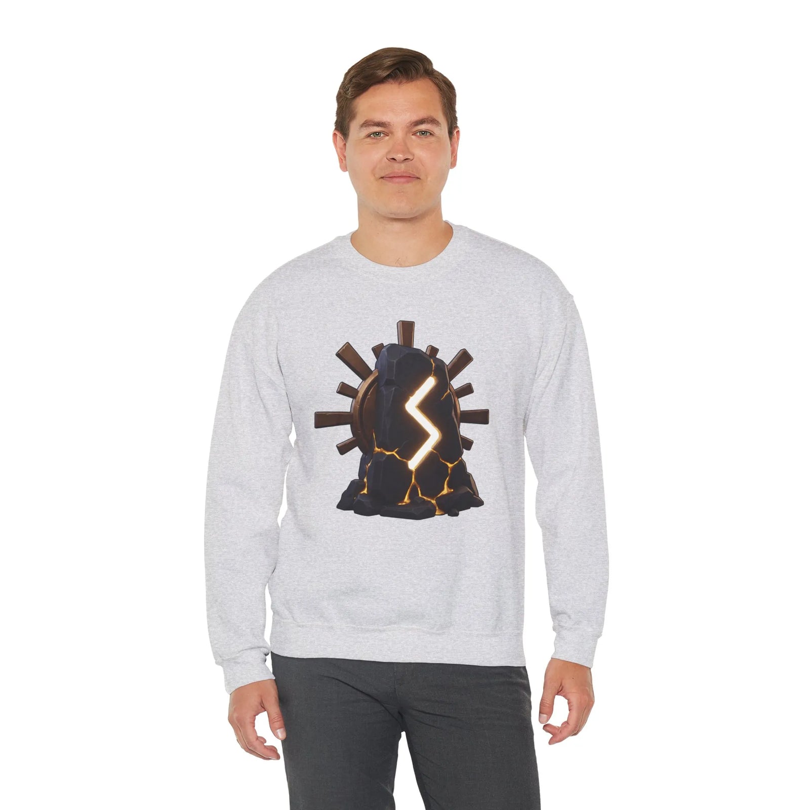 Sowulo Rune Sun Graphic Sweatshirt - Classic Fit Fleece Crewneck - Unisex White