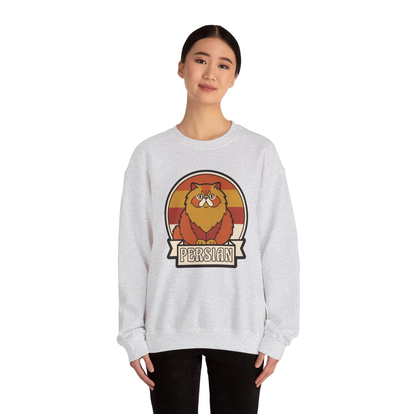Retro Persian Cat Sunset Sweatshirt - Heavy Blend Cotton Blend Crewneck - Unisex White