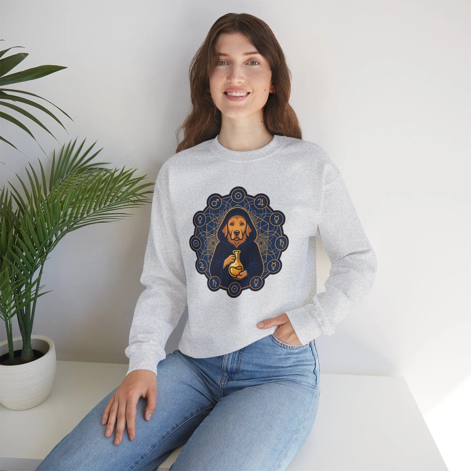 Alchemist Dog Sacred Geometry Spirit Sweatshirt - Heavy Blend Fleece Crewneck - Unisex Ash