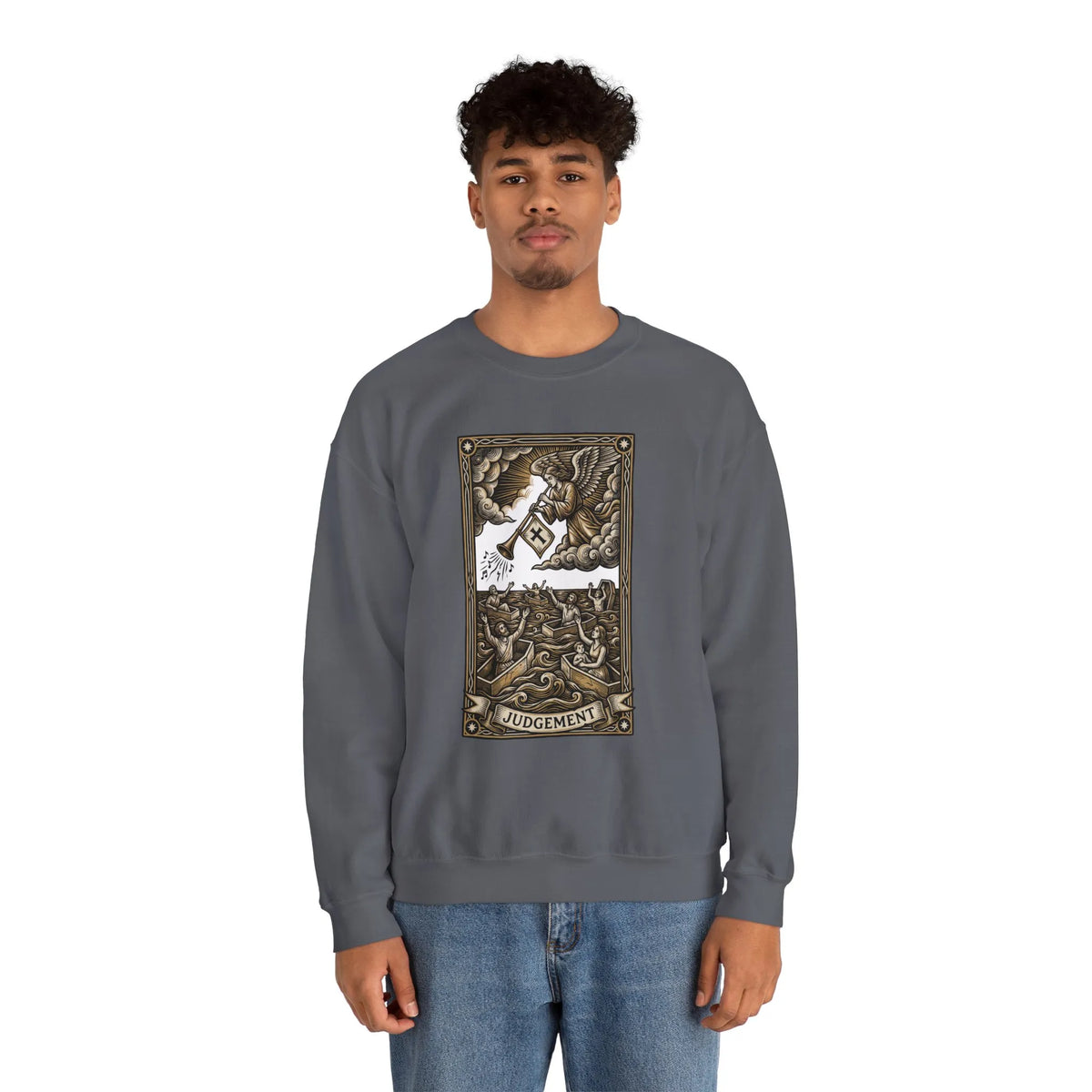 Judgement Tarot Card Graphic Sweatshirt - Heavy Blend Classic Fit Crewneck - Unisex White