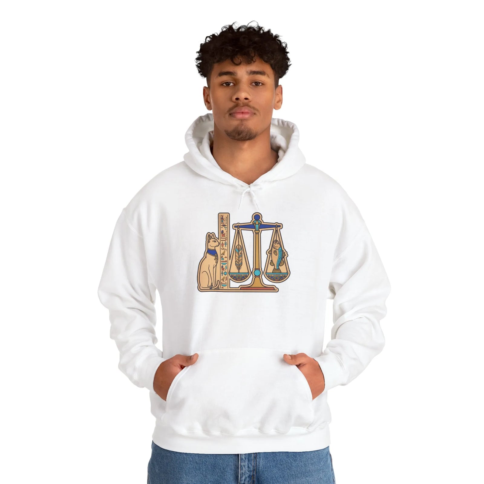 Sphynx Cat Egyptian Scales Hoodie - Heavyweight Cotton Blend Pullover - Unisex White