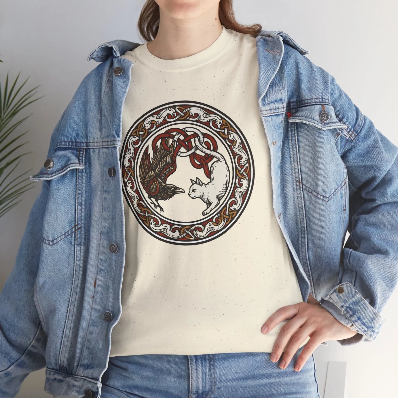 Norse Cat & Raven Woodcut T-Shirt - Heavy Cotton Classic Fit Tee - Unisex White
