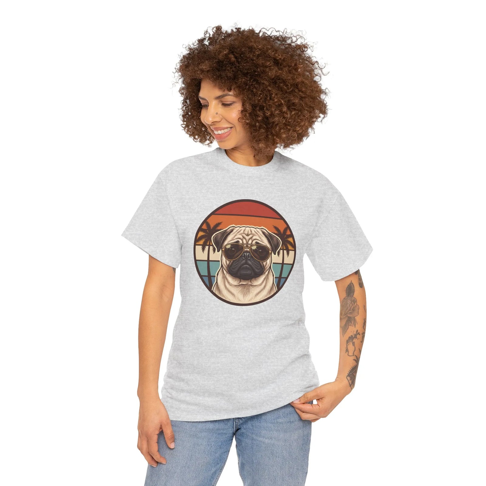 Pug Aviator 70s Sunset Graphic T-Shirt - Heavyweight Cotton Classic Fit Tee - Unisex White