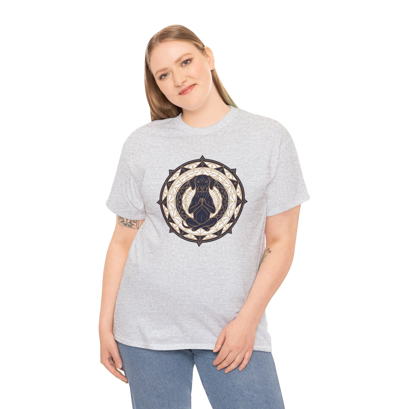Meditating Dog Sacred Geometry T-Shirt - Heavy Cotton Classic Fit Tee - Unisex White