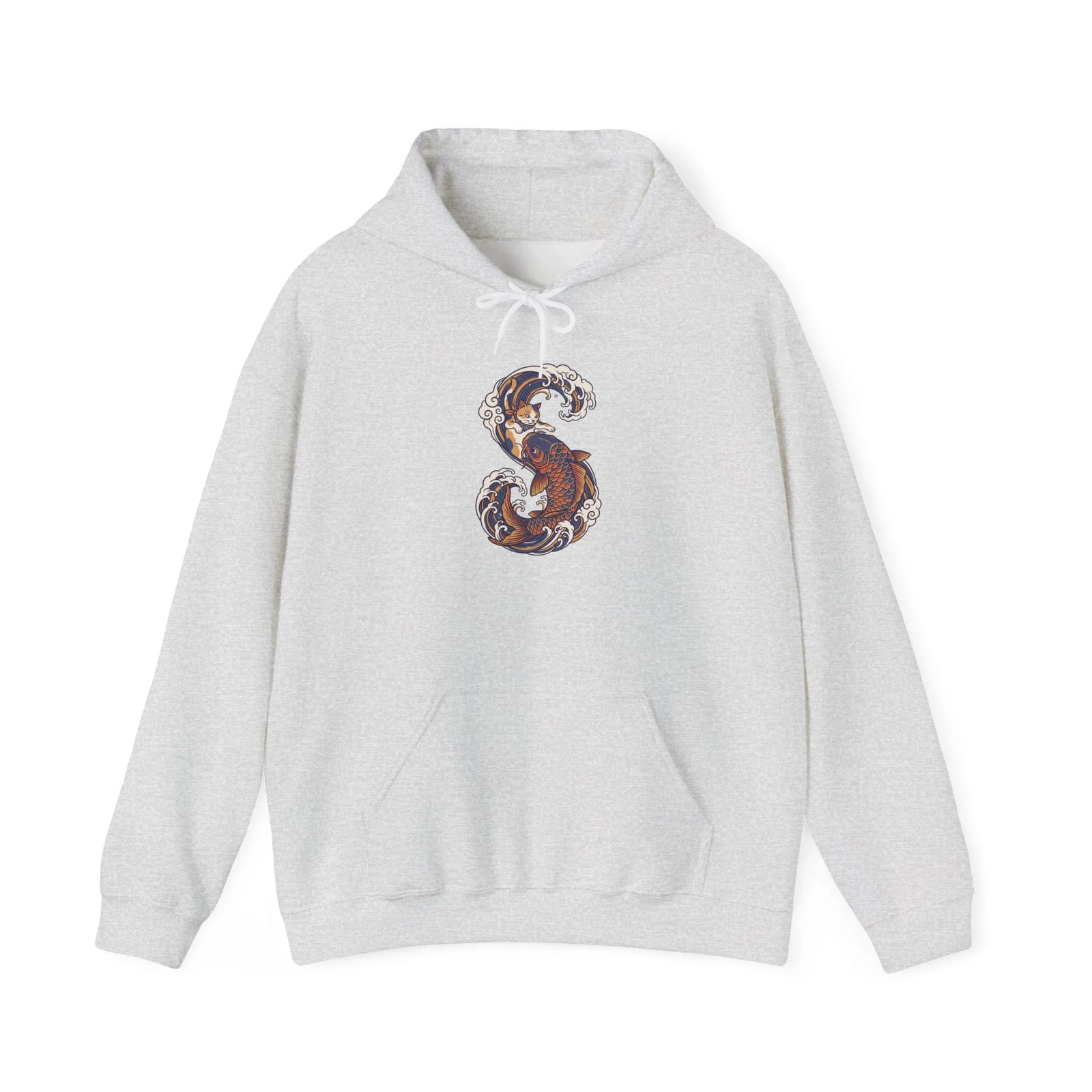 Ukiyo-e Samurai Cat Koi Rider Hoodie - Cozy Soft Blend Fleece Pullover - Unisex Off White