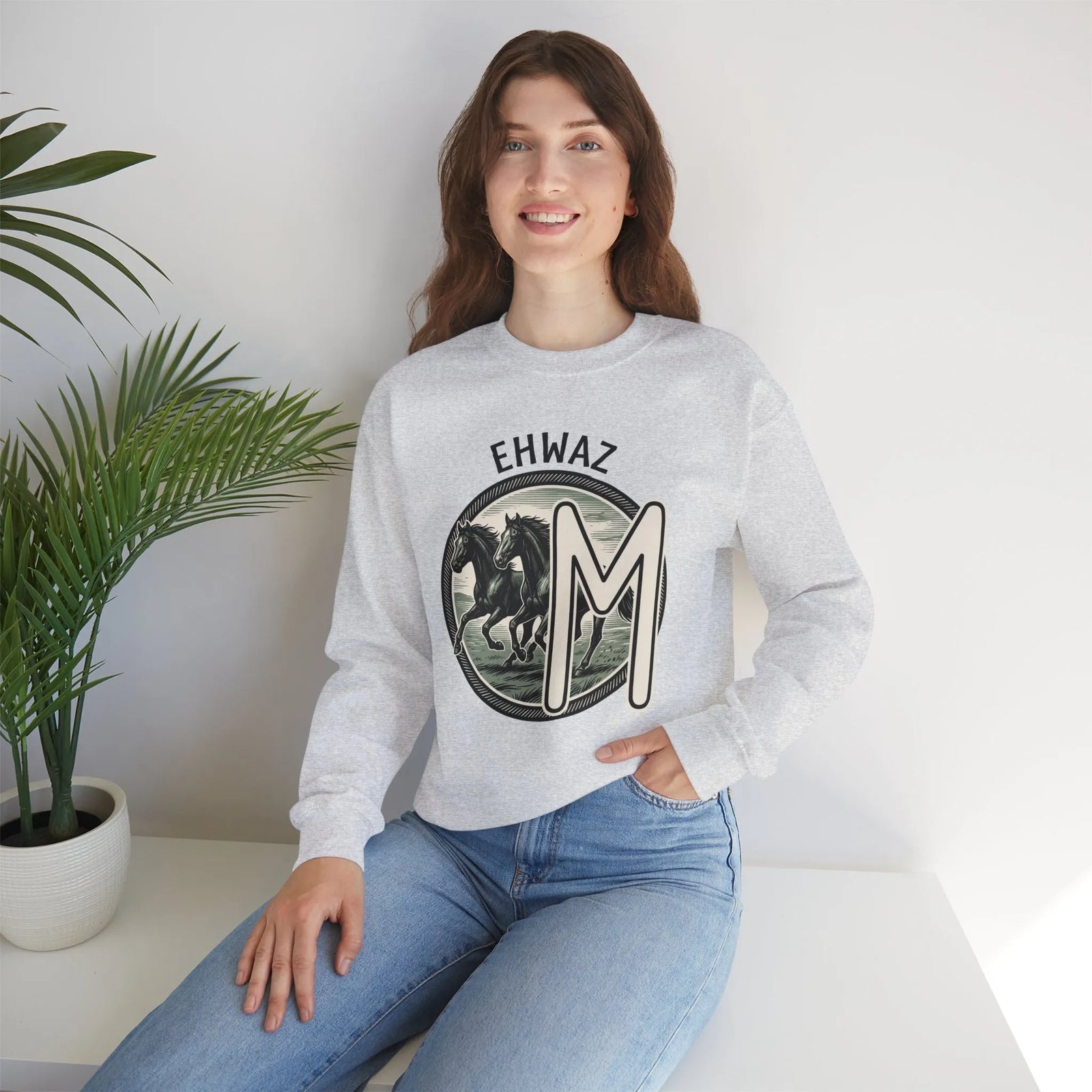 Ehwaz Divine Twins Horse Sweatshirt - Heavy Blend Cotton Blend Crewneck - Unisex White