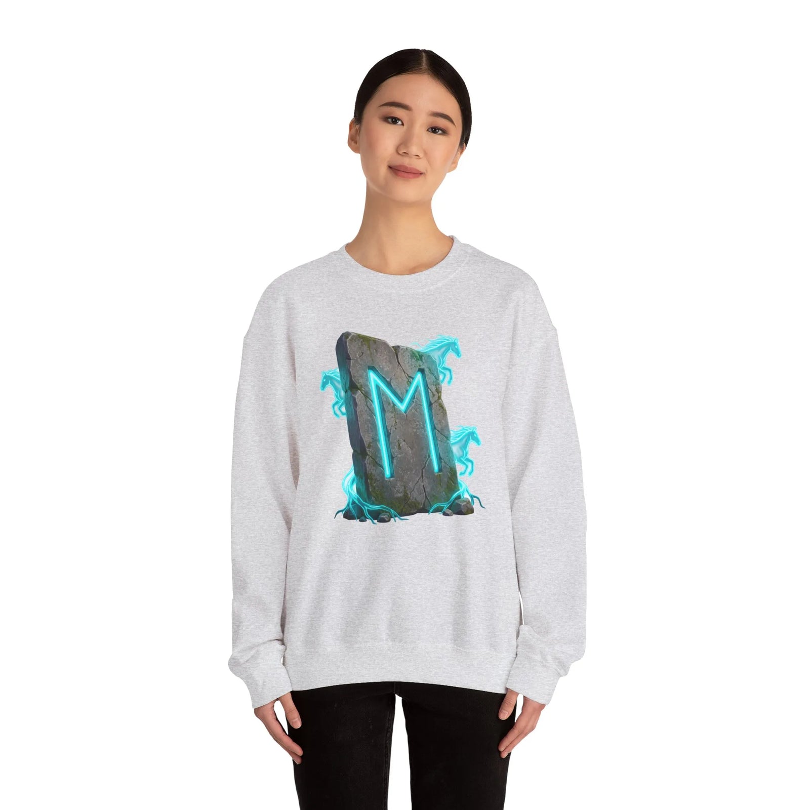 Ehwaz Rune Spirit Horse Sweatshirt - Heavy Blend Classic Fit Crewneck - Unisex White
