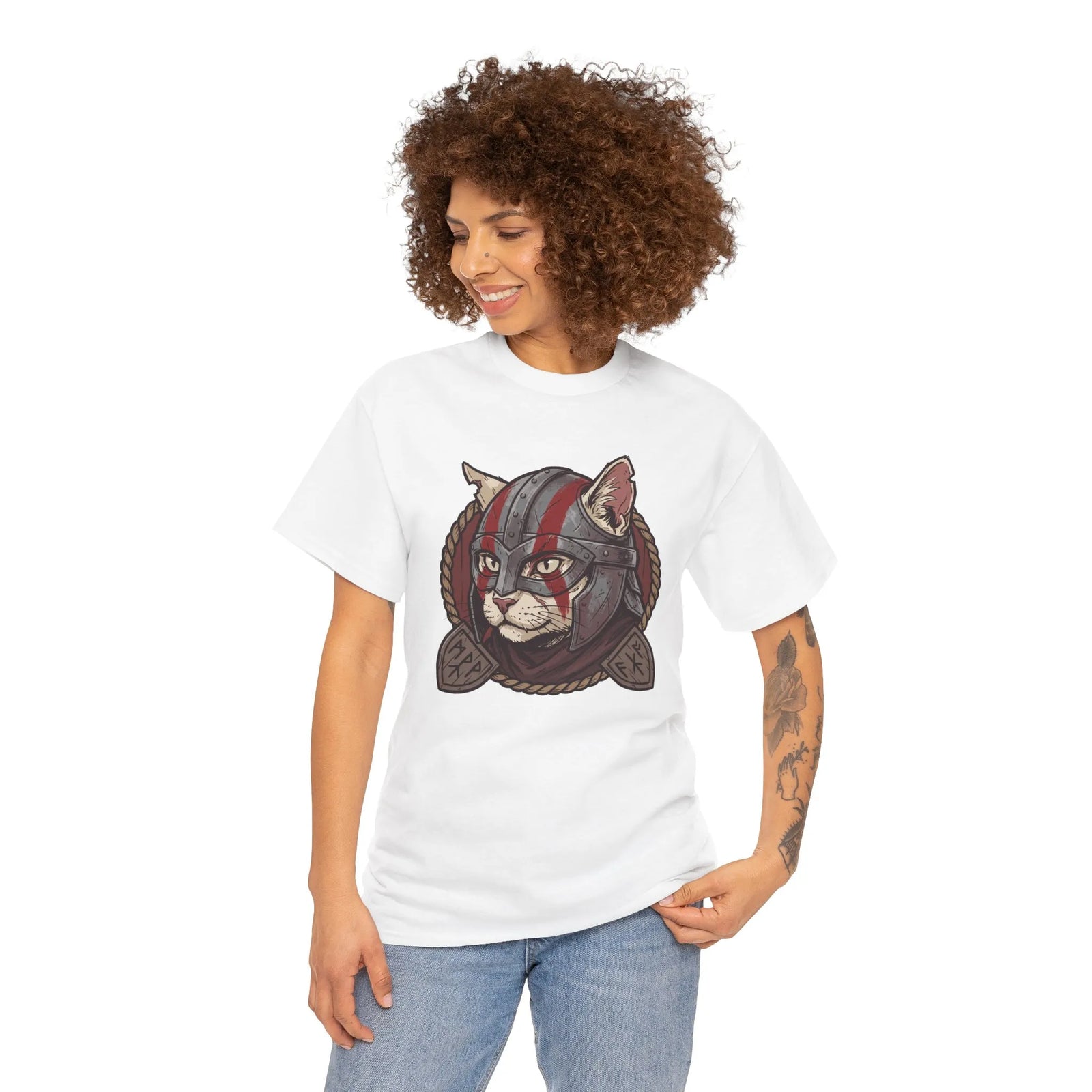 Viking Berserker Cat Graphic T-Shirt - Heavyweight Cotton Classic Fit Tee - Unisex White
