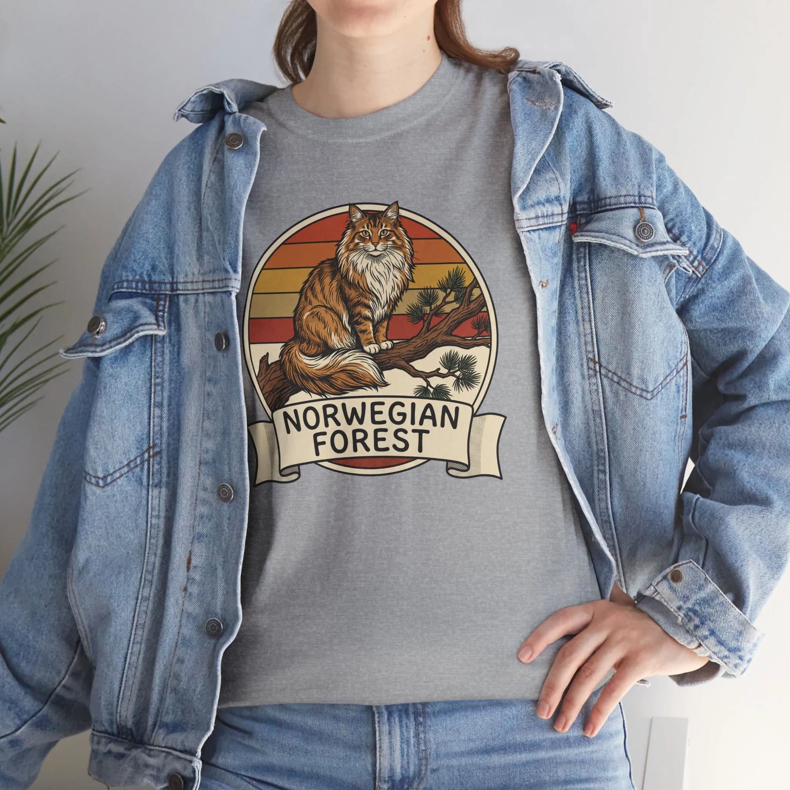 Norwegian Forest Cat Retro Sunset T-Shirt - Heavy Cotton Classic Fit Tee - Unisex White