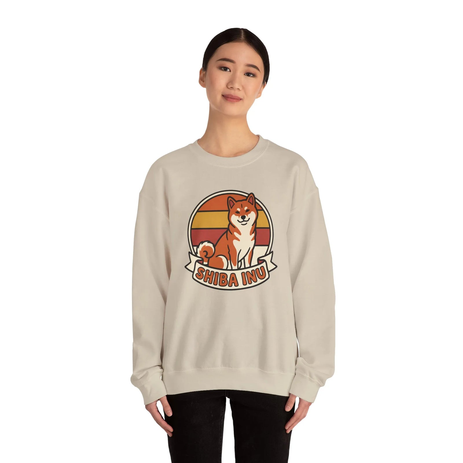 Shiba Inu Retro Sunset Graphic Sweatshirt - Heavy Blend Fleece Crewneck - Unisex White