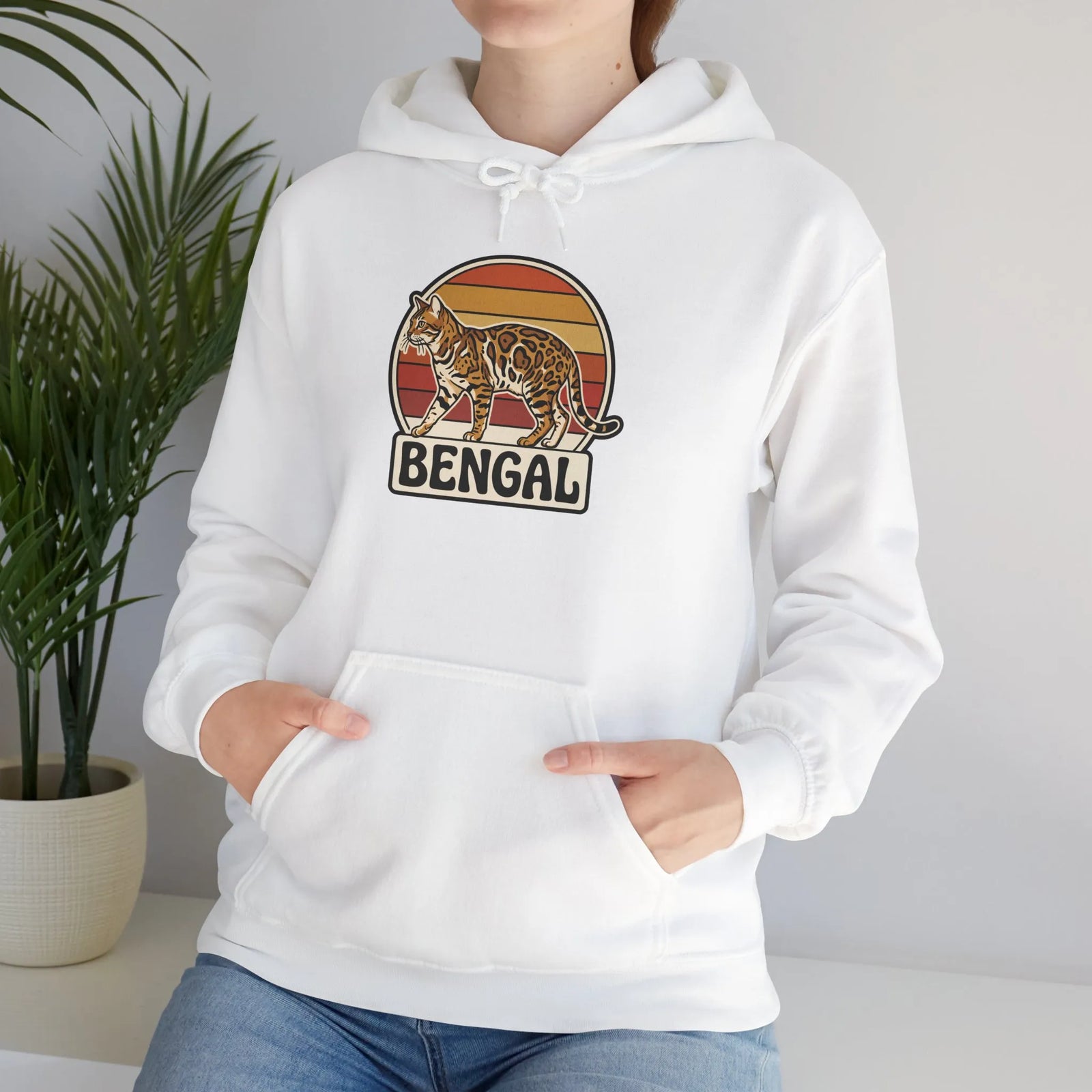 Retro 70s Sunset Bengal Cat Hoodie - Cozy Fleece Blend Pullover - Unisex Ash